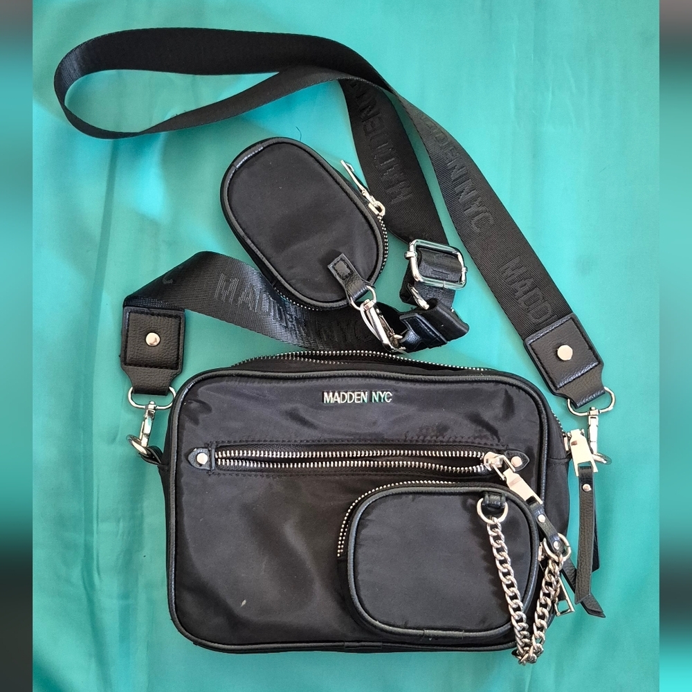 Black Nylon Crossbody Bag with Chain Detail